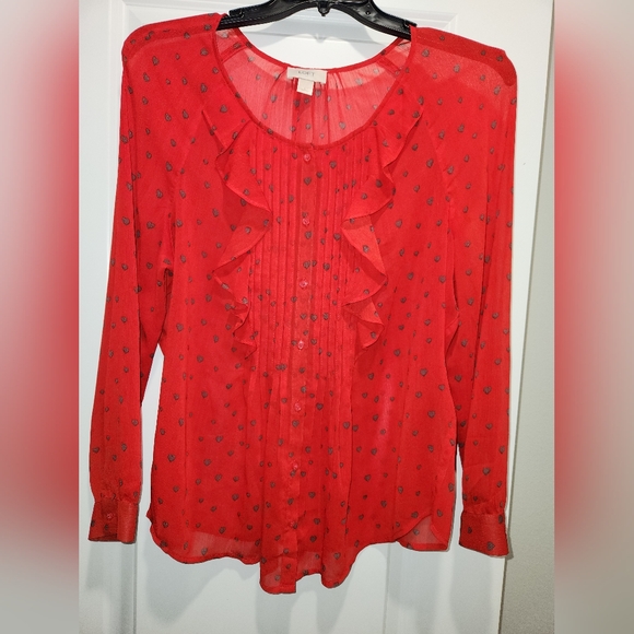 LOFT Red Heart Patterned Ruffle Blouse - Picture 1 of 3